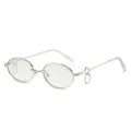 Silver oval metal sunglasses with unique clover charm loop temple design for fashion wear. - Regular / Silver Frame Light Silver Lens