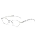 Koreaanse stijl ovale metalen optische bril met strass-steentjes en hartjes, hoofdweergave. - Zilveren Montuur Heldere Lens