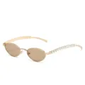Y2K ovale Metallsonnenbrille mit Kristall-Herz-Strass-Bügeln, schicker Goldrahmen, braune Gläser. - Goldener Rahmen Champagner Linse