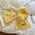 Cozy yellow knitted beanie hat and winter scarf set with ribbed texture for women warm cold weather - Two-Piece Set / Light Yellow / One Size