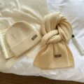 Beige knitted beanie and scarf set, cozy winter thick warm knitwear matching accessories. - Two-Piece Set / Beige Apricot / One Size