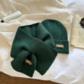 Dark green knitted hat and scarf two piece set, cozy winter warm beanie and cross neck warmer. - Hat and Scarf Set / Dark Green