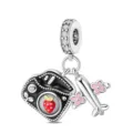 Silver travel charm pendant with airplane and camera design for DIY bracelets and necklaces. - Color 020