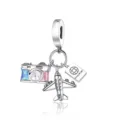 Detailed view of silver travel theme charm, featuring cute camera, airplane and passport. - Color 018