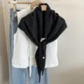 Dark grey knitted hollow shawl scarf detail display, elegant women autumn winter fashion accessory. - Charcoal Black