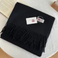 Classic solid black wool scarf with fringe, warm winter long fashion accessory for men and women. - Black