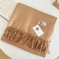 Cashmere feel winter wool scarf solid color warm fringe neck wrap soft detail shot - Camel
