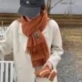 Cozy winter solid color knitted scarf and gloves set, stylish casual fringe design for women. - Orange