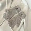 Knit touchscreen gloves detail shot, cozy oatmeal winter gloves with button cuff design. - One Size / Khaki