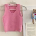 Pink fuzzy knit vest women's casual soft sleeveless top sweet style pullover tank top - One Size / Tops / Pink