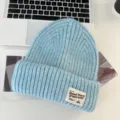 Chunky knit beanie hat with wool blend, thick warm winter cap with stylish letter patch. - Light Blue