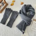 Autumn winter grey wool knit scarf and touchscreen gloves set for cold weather warm - Gray