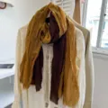 Cotton linen travel scarf for women, retro color block lightweight literary wrinkled shawl. - 180x68cm / Coffee Turmeric