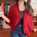 Red knit hollow diamond shawl cardigan, elegant AC room lightweight outerwear for women. - Burgundy