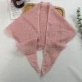 Detailed view of pink floral lace trim triangle scarf cotton linen fashion neckerchief. - Pink