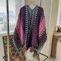 Ethnic style colorful zigzag knit poncho with fringe, stylish and warm autumn winter shawl cape. - Vintage Ethnic Light Pink