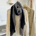 Damen Leinen Gradient Knitter Schal Sommer leicht Retro literarisch schwarz grau - 180x68cm / Schwarz und Grau