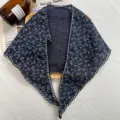 Chic floral lace triangular scarf for women, versatile cotton linen spring autumn neckerchief. - Navy Blue