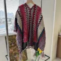 Ethnic style knitted cape shawl with fringe hem, geometric pattern open front outerwear for women - Vintage Ethnic Rose Red