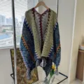 Ethnic style knitted cloak shawl with geometric patterns and fringe detail for women. - Vintage Ethnic Ocean Blue
