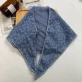 Blue floral lace triangle scarf cotton linen vintage neckerchief chic shawl for women summer - Denim Blue