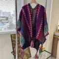 Ethnic style knitted tassel cape shawl, colorful vintage winter warm poncho for women travel. - Vintage Ethnic Rose Purple