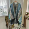 Ethnic style knit cape shawl for women travel fashion tassel outerwear sweater detail - Vintage Ethnic Light Blue