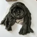 Dark green crinkled cotton linen scarf detail, featuring vintage grid pattern and soft texture. - Dark Green