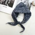 Floral cotton linen triangle scarf for women, vintage daisy print hair band and neckerchief. - Small Floral Navy Blue