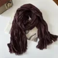 Women autumn winter cotton linen pleated scarf retro solid color tassel long shawl wrap - Coffee