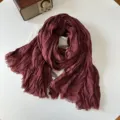 Autumn winter vintage crinkle plaid scarf cotton linen soft women literary style travel wrap. - Burgundy