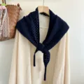 Detailed shot of dark blue hollow knitted wool triangle scarf shawl, Japanese Korean style. - Navy Blue
