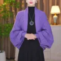Purple knitted diamond pattern cardigan detail, featuring batwing sleeves and texture. - Tops / Purple