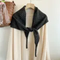 Dark gray wool hollow knit triangle scarf detail shot, cozy winter knitwear shawl - Dark Gray