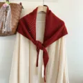Red knitted hollow out triangle scarf women wool shawl Japanese style winter warm fashion accessory - Red
