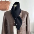 Black wool knit cross scarf for women and men, cozy winter thermal neck warmer shawl. - Black
