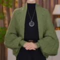 Green knit cardigan open front sweater, stylish diamond pattern lantern sleeve outerwear for women. - Tops / Army Green