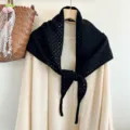 Detailed view of the black knit hollow triangle scarf pure wool elegant daily styling fashion shawl - Black