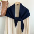 Dark blue 100% wool knitted triangular scarf shawl, cozy lazy style, autumn winter fashion warm. - Navy
