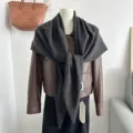 Solid color wool knitted triangular scarf women stylish warm winter shawl outdoor wear - Black and Gray