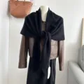 Solid black 100% pure wool triangular scarf women versatile neck warmer big shawl - Black