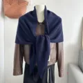 Solid color 100% wool knitted triangular scarf women versatile neck warmer shawl - Navy Blue