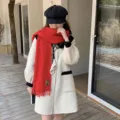 Solid color winter warm cozy scarf, soft cashmere-feel tassel design for women and men. - Red