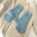 Knitted touch screen gloves detail, solid light blue warm winter gloves with wood button. - One Size / Blue