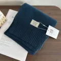 Detailed view of dark blue knitted wool scarf close up, soft winter warm texture and ribbed hem. - Turquoise Blue