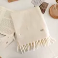 Cozy off-white knitted wool scarf for women winter warm short fringe winter neck warmer. - Cream / 170*22cm
