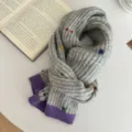 Grey knitted scarf variant with colorful dots and purple hem, cozy winter neck warmer. - Gray / 145*21cm
