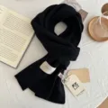 Black knitted cashmere scarf for women and men, warm winter ribbed wool neck wrap. - 156*22cm / Black