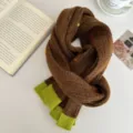 Cozy brown knit winter scarf with green color-block ends and colorful dot accents. - Coffee / 145*21cm