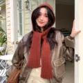 Knitted balaclava hooded scarf for women, cozy winter warm outdoor neck warmer and hat combo. - Red Brown